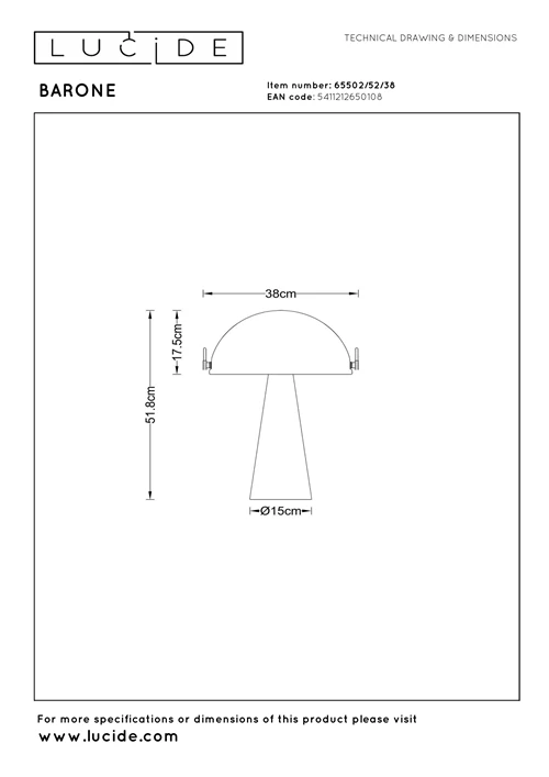 Lucide BARONE - Table lamp - Ø 38 cm - 1xE27 - Cream | Vibes - technical